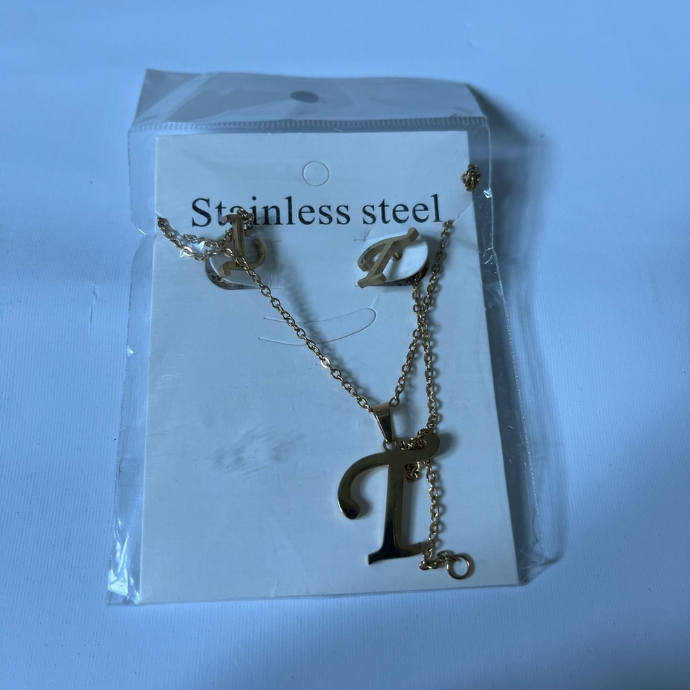 Gold Stainless Steel Initial Necklace and Earrings